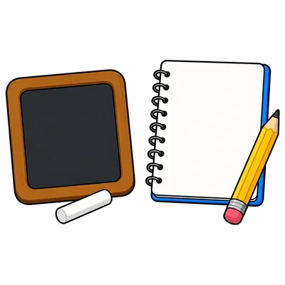 A slate and chalk next to a notebook and pencil.