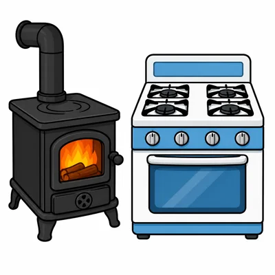An old wood stove next to a modern stove.