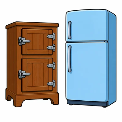 An icebox next to a refrigerator.