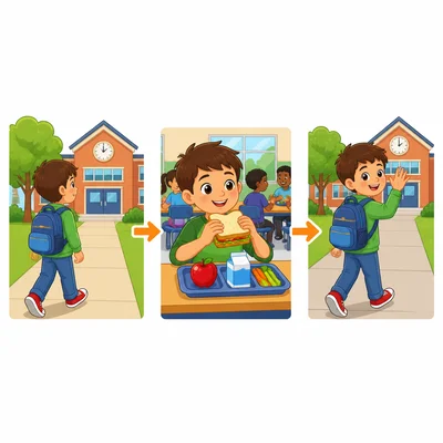 A child arrives at school, eats lunch, and goes home in sequence.