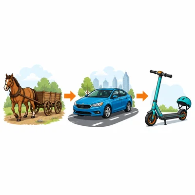 Transportation changes from horse wagon to car to electric scooter.