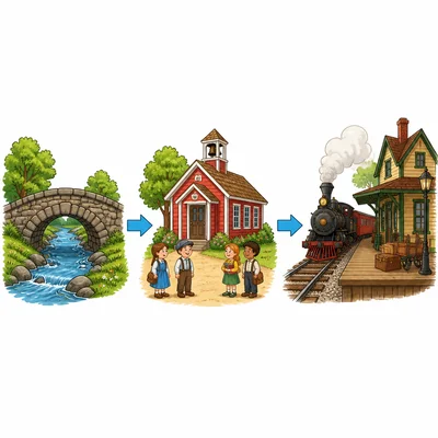 A timeline showing a bridge, a schoolhouse, and a train station.