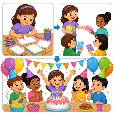 A child makes invitations, sends them, and has a birthday party.