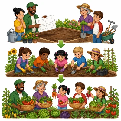 A community garden is planned, seeds are planted, and vegetables are harvested.