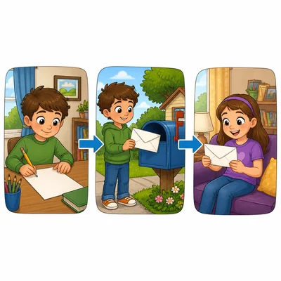 A letter is written, mailed, and received by a friend.