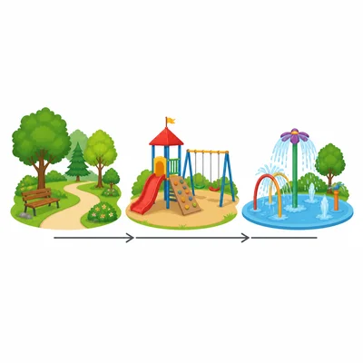 A timeline with a park, playground, and splash pad.
