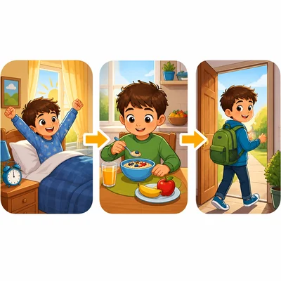 A child wakes up, eats breakfast, and leaves for school.