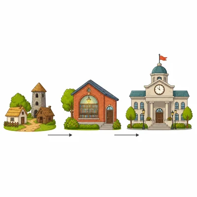 A town timeline showing a small town, a library, and city hall.