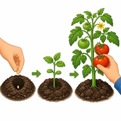 A seed is planted, grows into a sprout, and becomes a tomato plant.