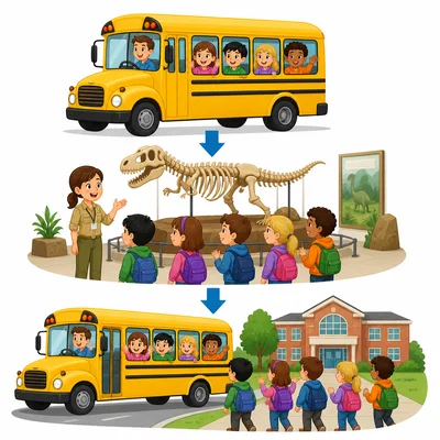 A field trip sequence with a bus ride, museum guide, and return to school.