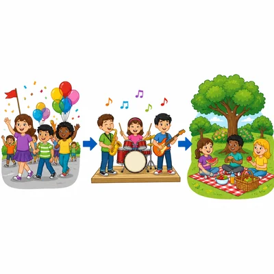 A timeline showing a parade, a band playing, and a picnic.