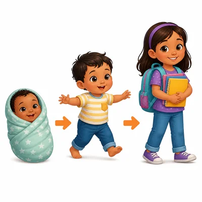 A baby grows into a walking toddler and then a school-age child.