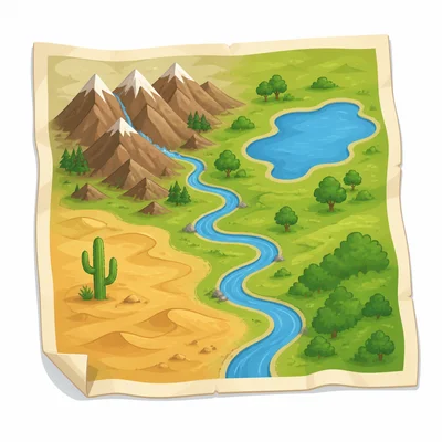 A physical map showing mountains, a river, a lake, and a desert.