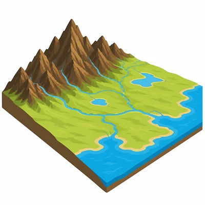 A physical map using dark brown for tall mountains and light green for low land.