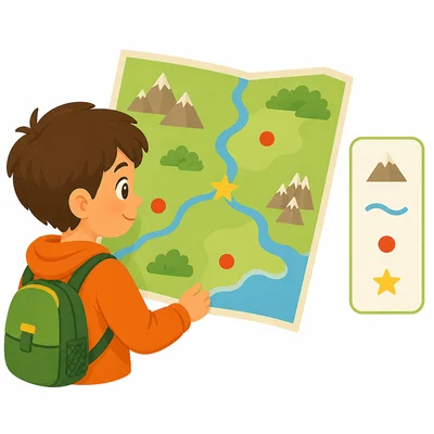 A child uses a map key to match symbols on a map.