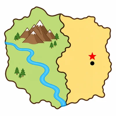 A simple map with a river, mountain, border, and capital city symbol.