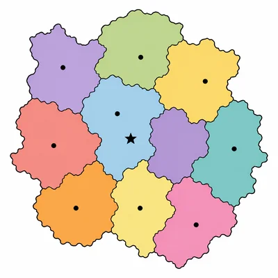 A political map with colored regions, borders, city dots, and a capital star.