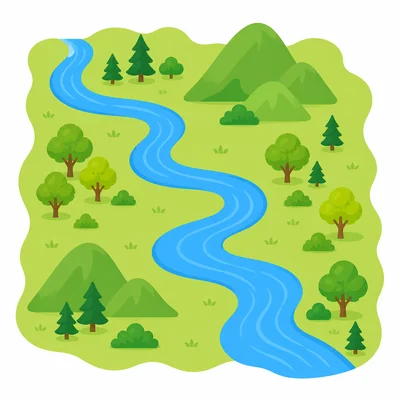 A map with a winding blue line representing a river.