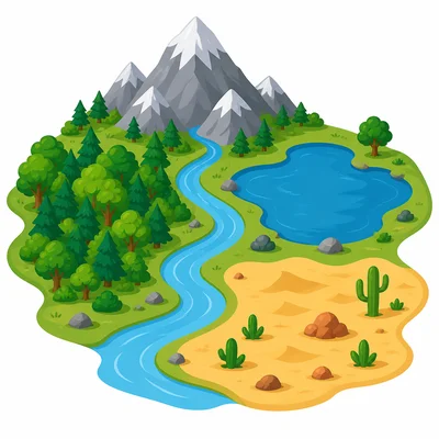 Natural features including a mountain, river, lake, forest, and desert.