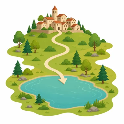 A map showing a lake south of a hill town.