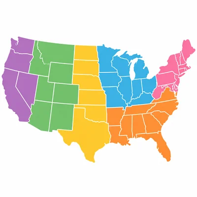 A colorful United States map divided into regions.