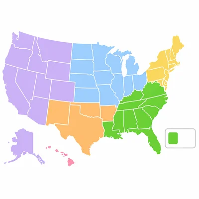 A regions map with the Southeast colored green and a matching color key.