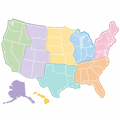 A map showing many states grouped into larger regions.