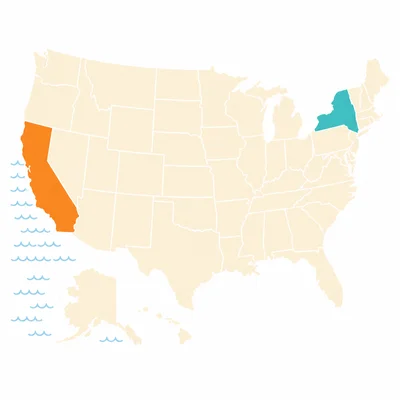 A United States map highlighting one western state and one northeastern state.