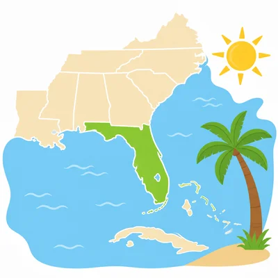 Florida highlighted in the southeastern United States with sun, palm tree, and ocean.