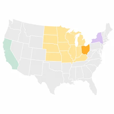 A map showing the Midwest region with one Midwest state highlighted.