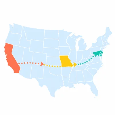 Three highlighted places across the United States from west to east.