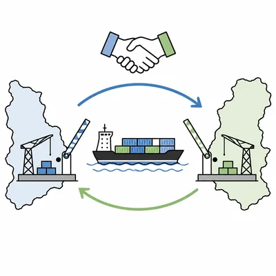 Two countries exchanging goods by ship with open barriers and a handshake symbol.