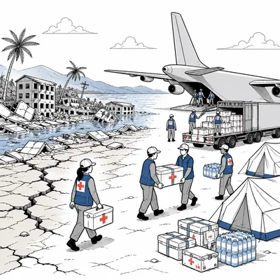 Aid vehicles and workers delivering supplies to a disaster-affected community.