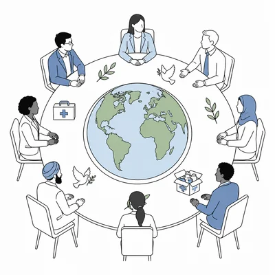 A globe surrounded by representatives at a meeting table, symbolizing international cooperation.