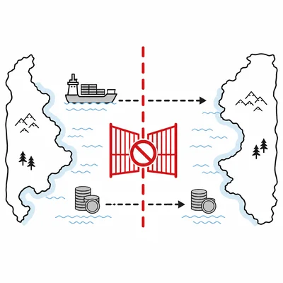Trade and money flow between two countries blocked by a red barrier, representing sanctions.