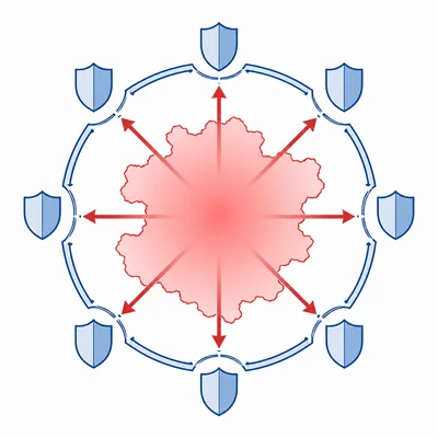 A red expanding area surrounded by blue barriers, illustrating containment.