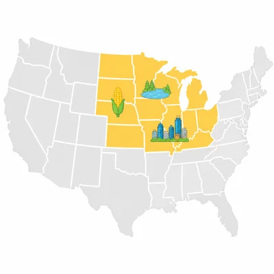 A map of the United States with the Midwest region highlighted.