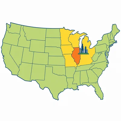 A United States map with Illinois highlighted in the Midwest.
