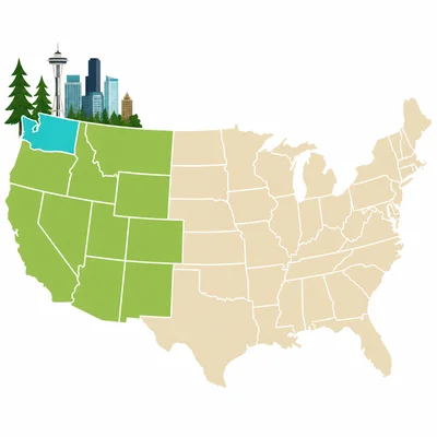 A United States map with Washington state highlighted in the West.