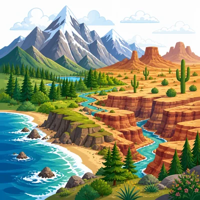 Several western landforms including mountains, desert, canyon, forest, and coast.