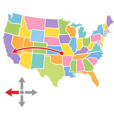 A map showing travel from the central United States toward the western coast.