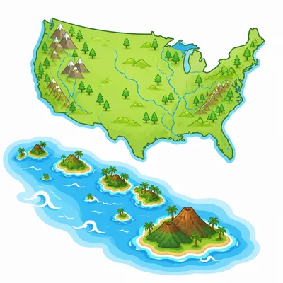 A chain of ocean islands shown apart from the mainland United States.