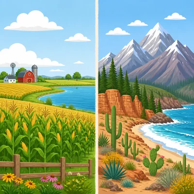 A side-by-side comparison of Midwest farmland and western mountains and coast.