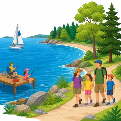 People boating, fishing, and walking near a large lake.
