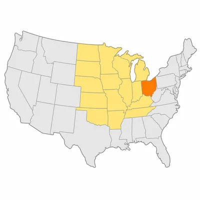 A United States map with Ohio highlighted in the Midwest.