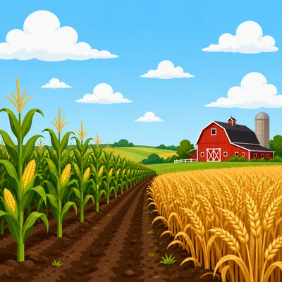 A flat farm scene with corn and wheat crops.