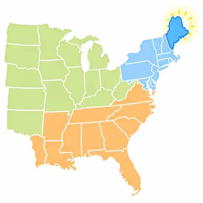 Map of the eastern United States with Maine highlighted in the Northeast.
