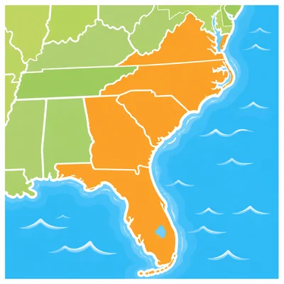 Southeast coastal states touching the Atlantic Ocean.