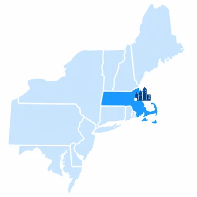 Map showing Boston in Massachusetts within the Northeast.