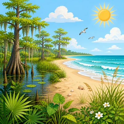 Southeast land and water features including beach, ocean, and swamp.